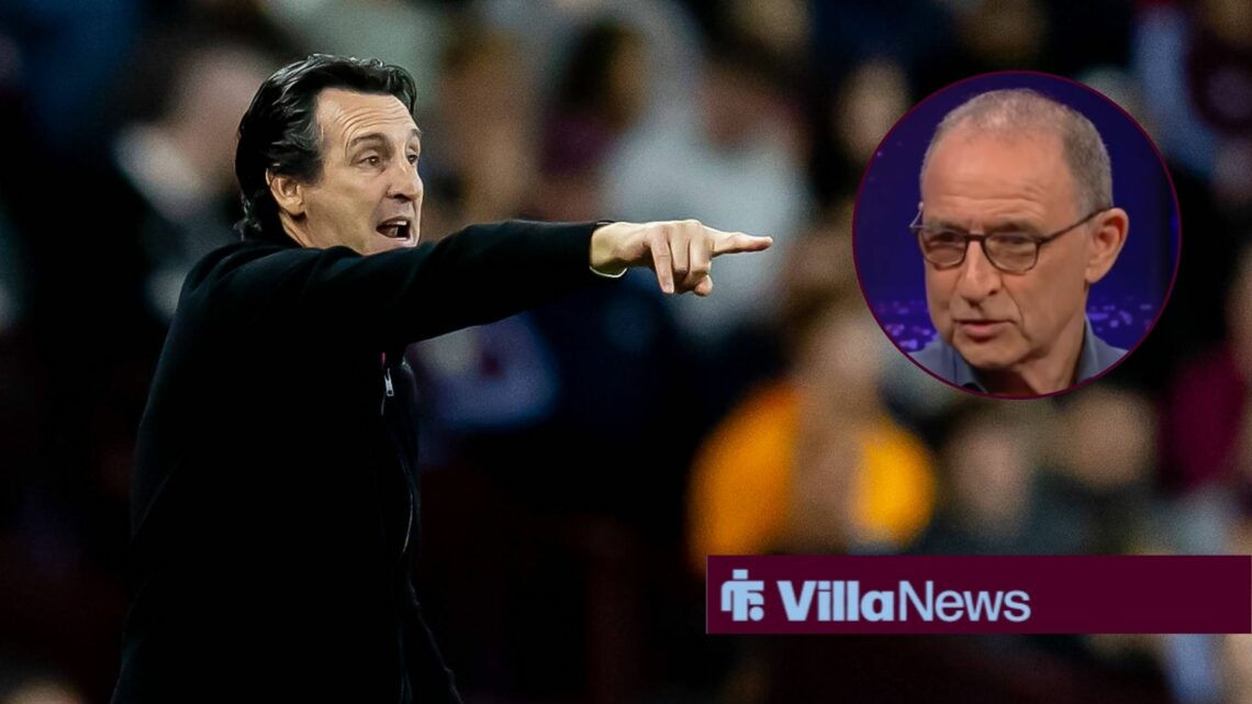 Unai Emery points, with Martin O'Neill in a circular frame alongside him
