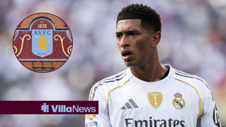 Jude Bellingham playing for Real Madrid looking towards an Aston Villa badge at Villa Park