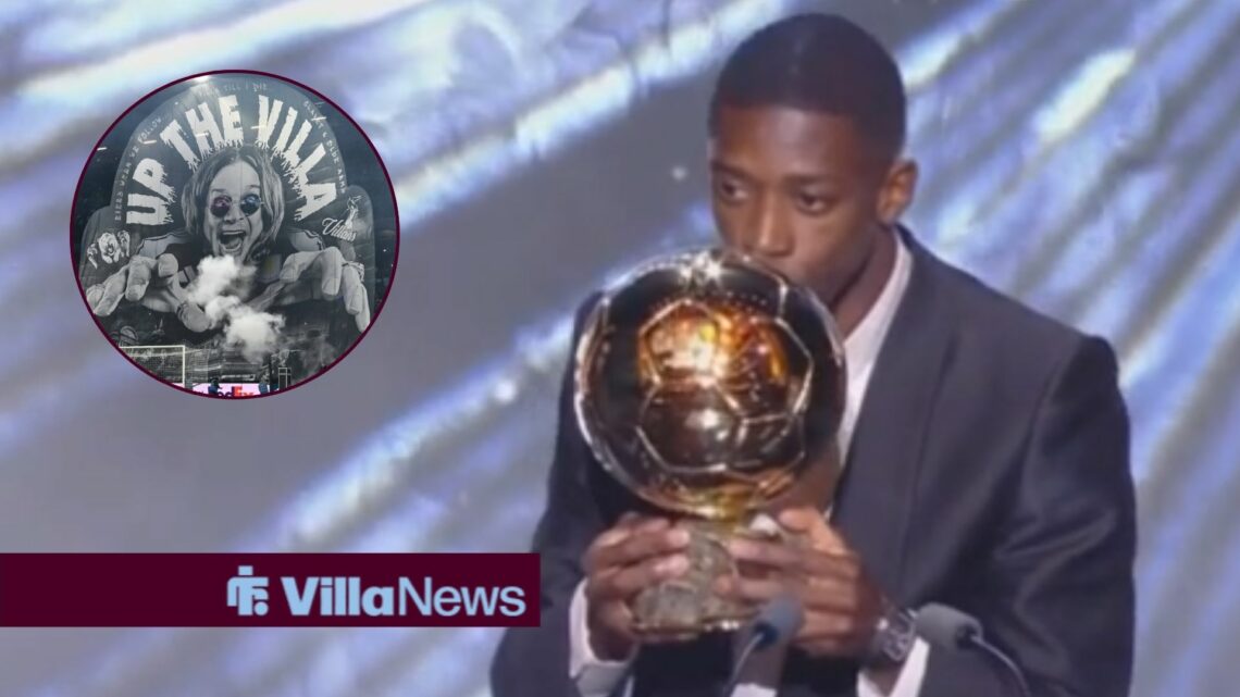 Ousmane Dembele kissing the Ballon d'Or trophy next to a circle inset of an Ozzy Osbourne tifo at Villa Park