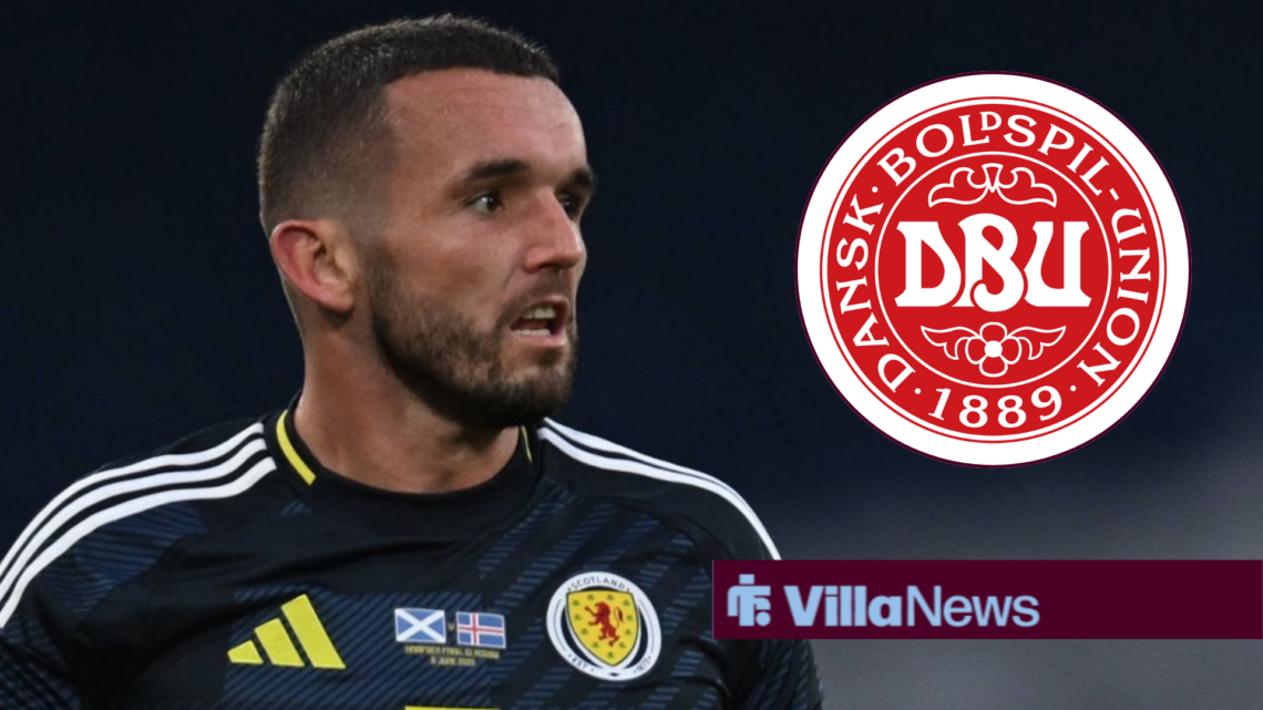 Aston Villa captain John McGinn playing for Scotland looking towards a circle inset of the Denmark badge