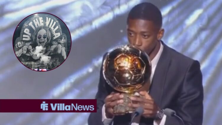 Ousmane Dembele kissing the Ballon d'Or trophy next to a circle inset of an Ozzy Osbourne tifo at Villa Park
