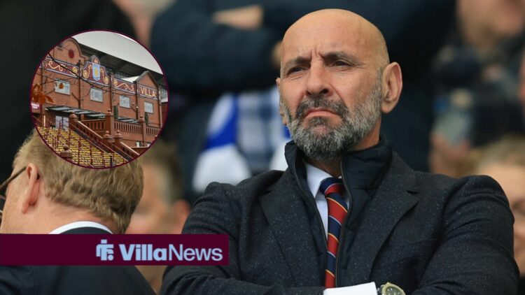 Monchi looking annoyed towards a circle inset of Villa Park