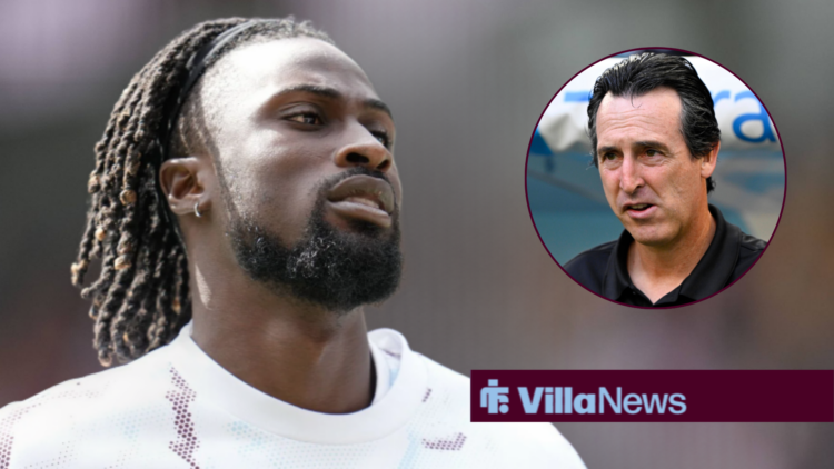 Evann Guessand in Aston Villa training gear looking at Unai Emery in a circle inset
