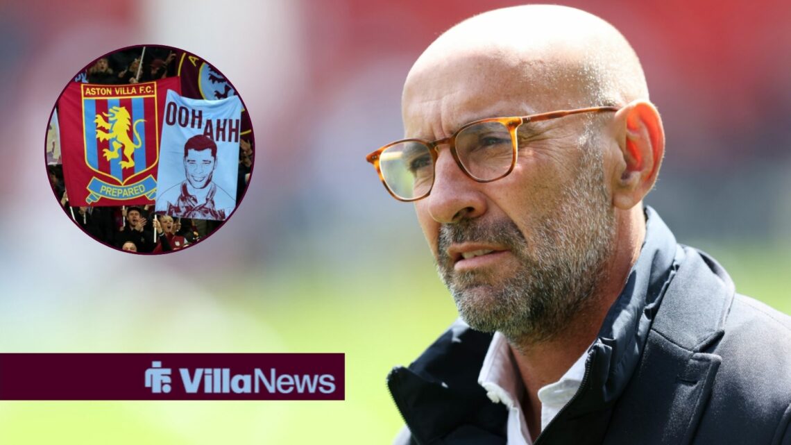 Monchi looking annoyed towards a circle inset of flags at Villa Park