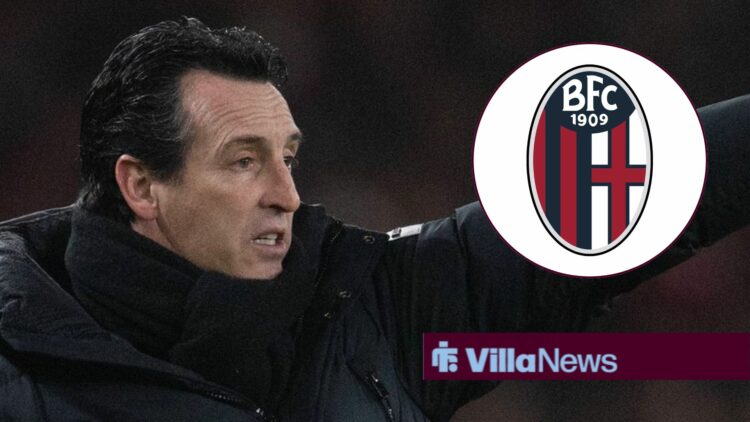 Unai Emery pointing looking towards the Bologna logo in a circle inset