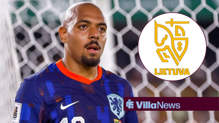 Aston Villa forward Donyell Malen playing for the Netherlands looking towards the Lithuania badge