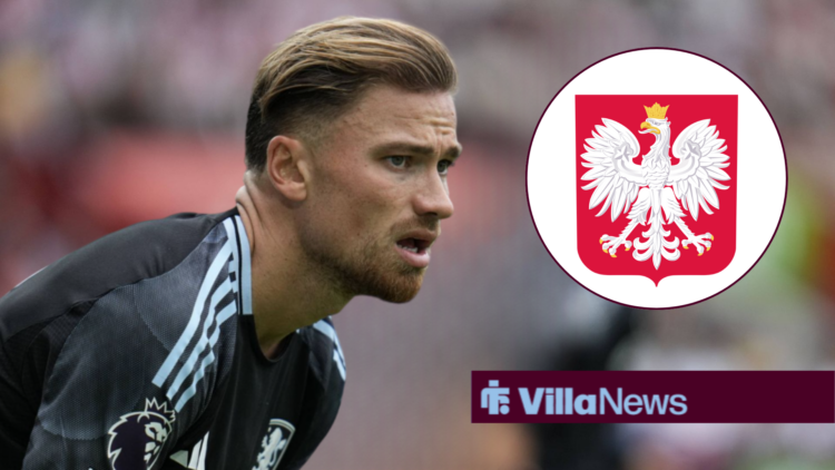 Matty Cash looking concerned playing for Aston Villa looking towards a Poland badge in a circle inset