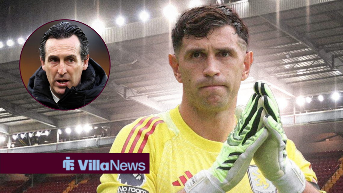 Unai Emery looking annoyed towards Emi Martinez in an Aston Villa shirt