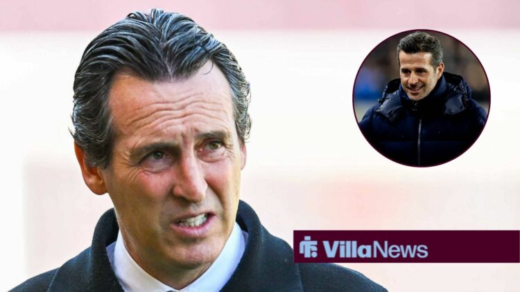 Aston Villa manager Unai Emery and a circular inset of Marco Silva