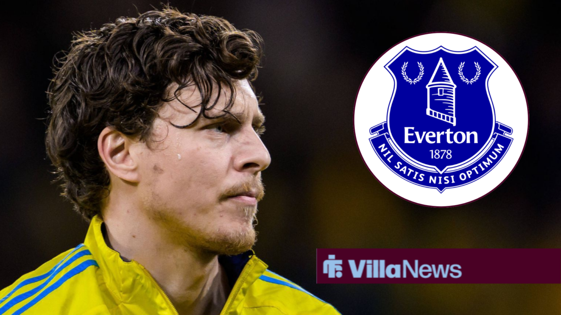 Victor Lindelof wearing a Sweden jacket, with an Everton badge in a circular frame