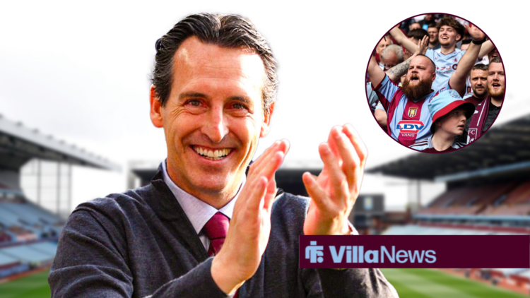 Aston Villa manager Unai Emery applauding, Villa fans in a circular insert.