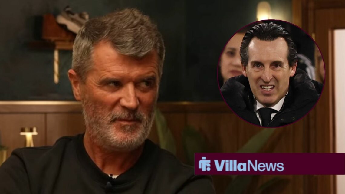 Roy Keane smiling looking towards Unai Emery looking baffled in a circle inset