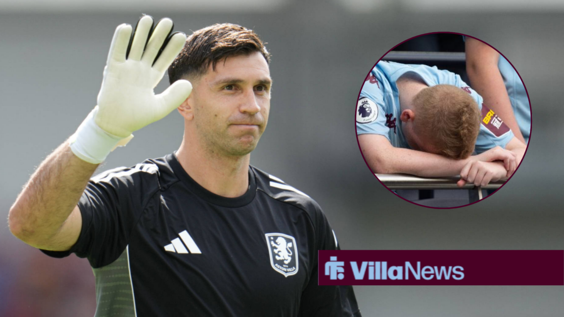 Emi Martinez waving towards a disappointed Aston Villa fan in a circle inset