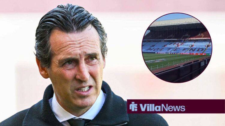 Unai Emery looking towards a circle inset of Villa Park ahead of Aston Villa's Europa League match against Bologna
