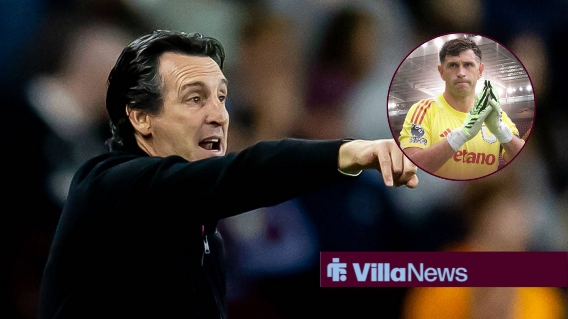 Unai Emery managing Aston Villa with Emi Martinez in a circular frame