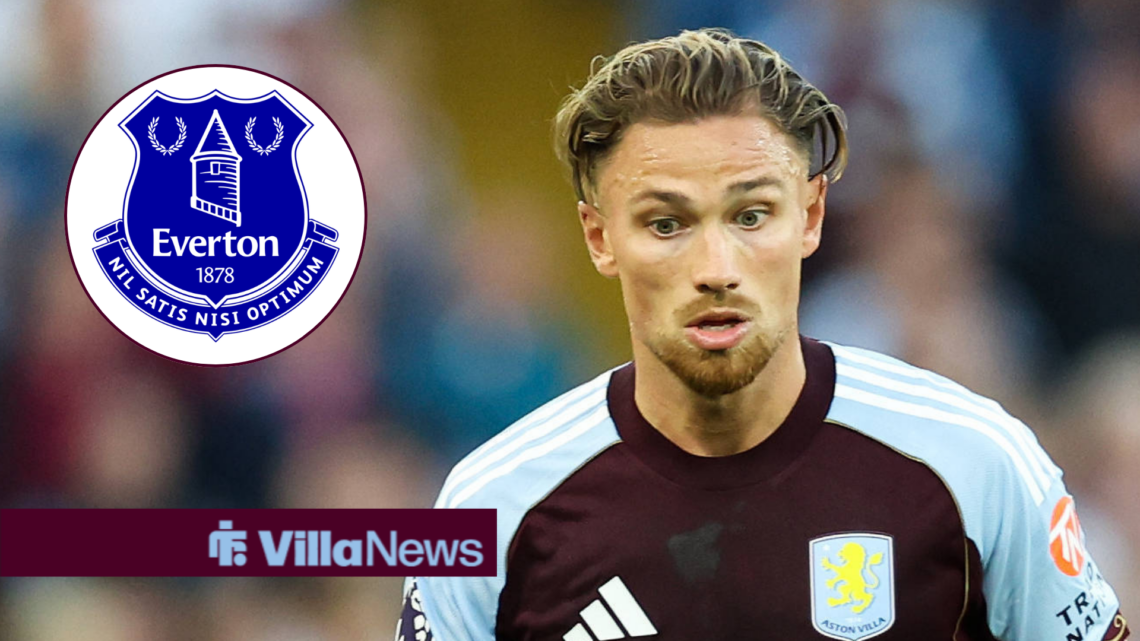 Matty Cash looking shocked while playing for Aston Villa next to an Everton badge in a circle inset