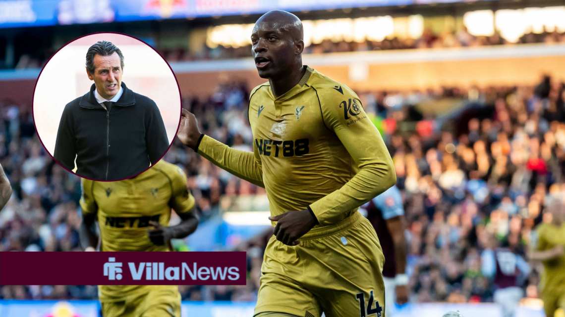 Jean-Phillipe Mateta celebrating his goal at Villa Park with Unai Emery in the circle