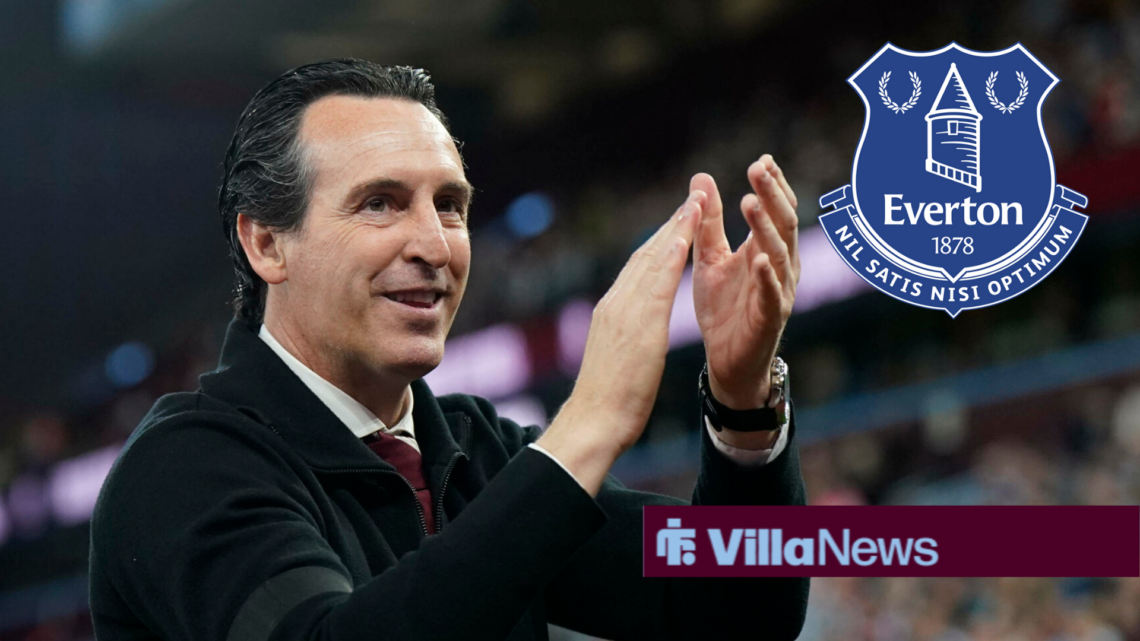 Aston Villa manager Unai Emery applauding, Everton badge