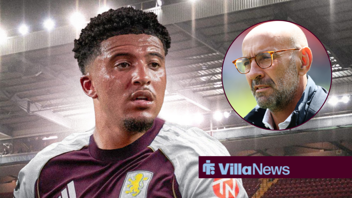 Jadon Sancho in an Aston Villa shirt looking towards Monchi in a circle inset