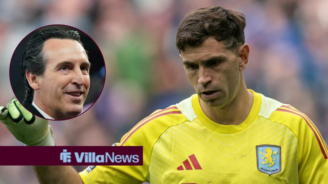 Aston Villa goalkeeper Emi Martinez with Unai Emery smiling inset