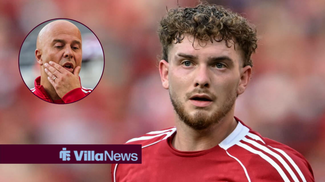 Harvey Elliott playing for Liverpool looking towards a frustrated Arne Slot in a circle frame