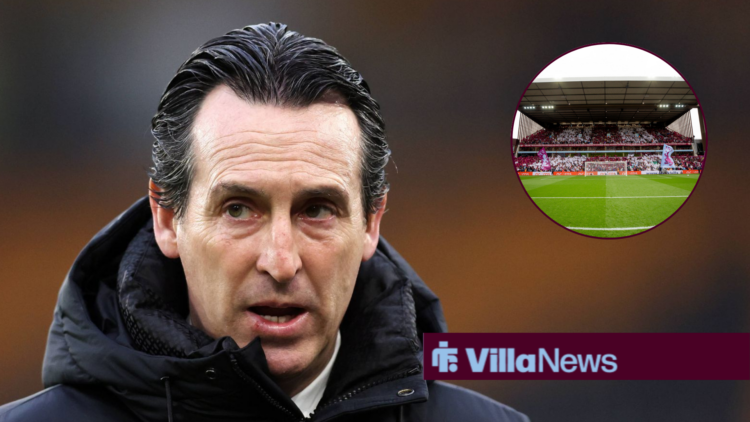 Unai Emery standing alongside a circle inset of Villa Park.