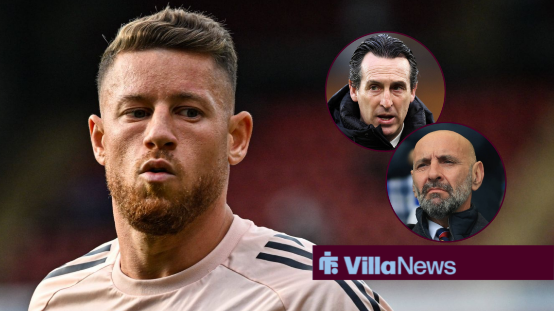 Ross Barkley looking frustrated towards Unai Emery and Monchi in circle insets