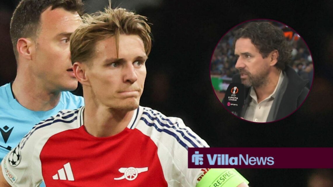 Martin Odegaard looking towards Owen Hargreaves speaking at Villa Park in a circle inset