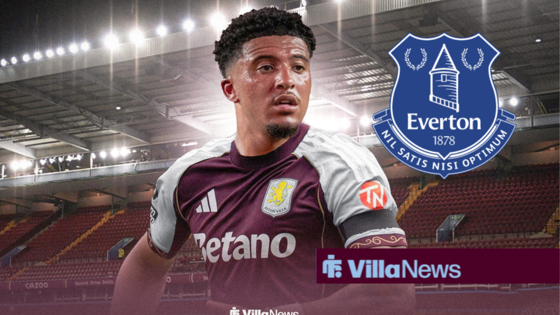 Jadon Sancho in an Aston Villa kit and the Everton badge