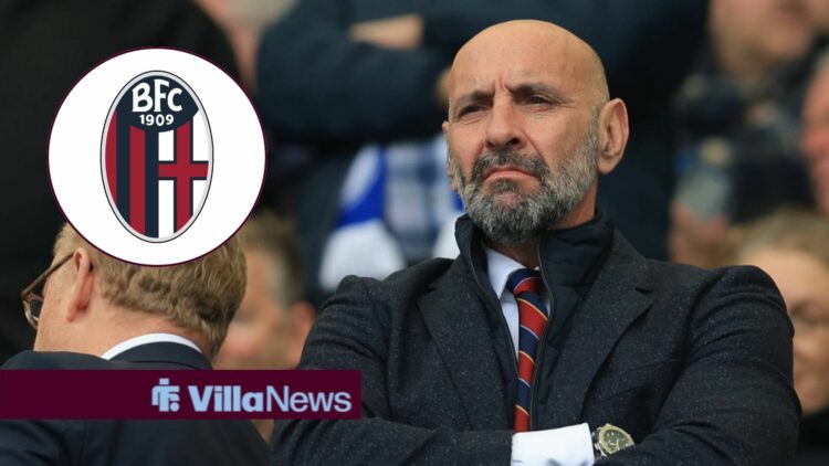 Monchi looking annoyed towards a Bologna badge in a circle inset