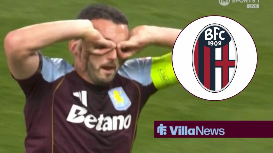 John McGinn doing his trademark celebration for Aston Villa towards a Bologna badge in a circle inset