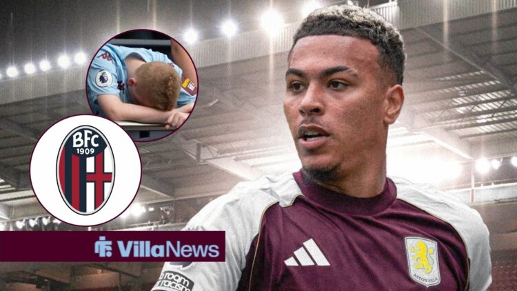 Morgan Rogers looking towards a disappointed Aston Villa fan and a Bologna badge in a circle inset