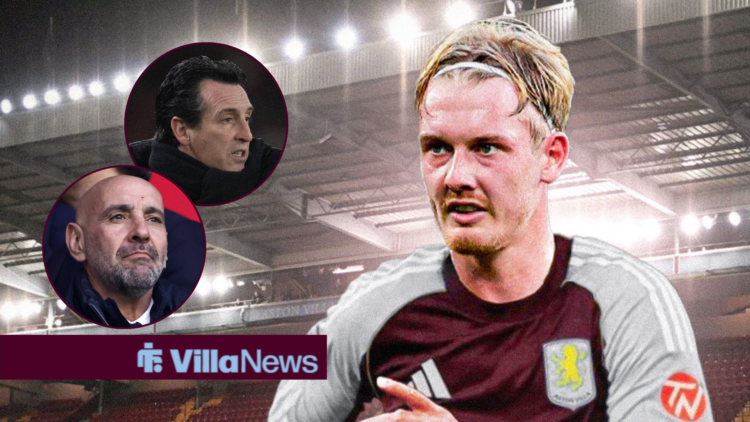 Julian Brandt in an Aston Villa shirt looking towards Unai Emery and Monchi in circle insets