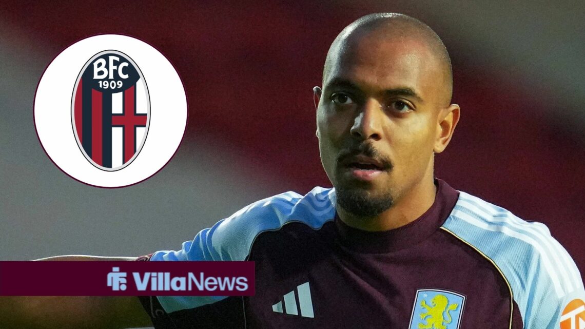 Donyell Malen looking towards the Bologna badge in a circle inset