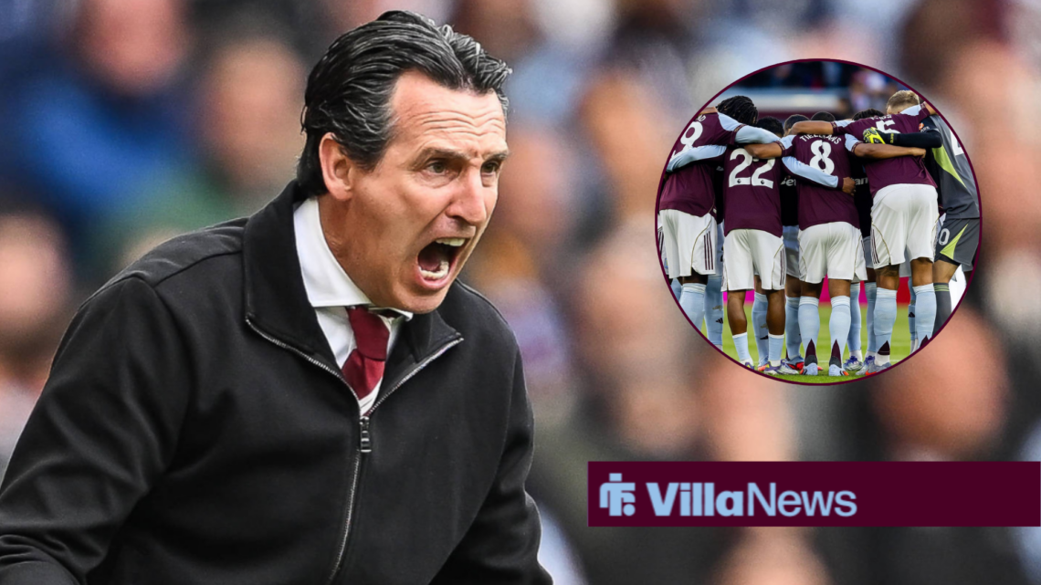Unai Emery shouting towards a circle inset of the Aston Villa squad in a huddle