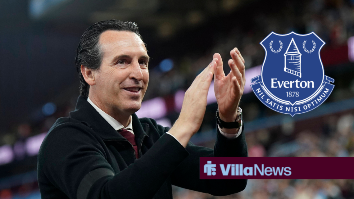 Aston Villa manager Unai Emery applauding and the Everton badge