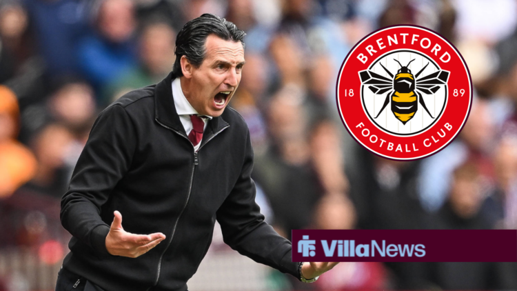 Aston Villa manager Unai Emery, Brentford badge in a circular insert.