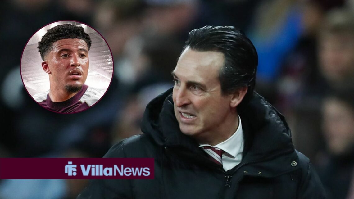 Aston Villa manager Unai Emery annoyed as he looks towards Jadon Sancho in a circular insert.