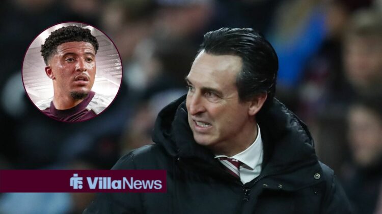 Aston Villa manager Unai Emery annoyed as he looks towards Jadon Sancho in a circular insert.
