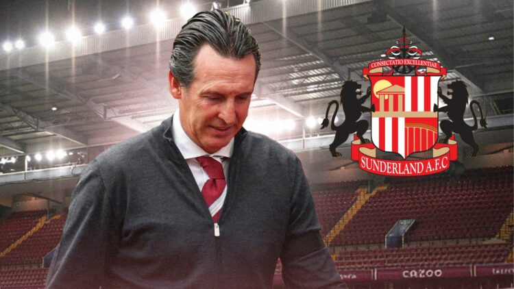 Aston Villa boss Unai Emery looking disappointed and the Sunderland badge