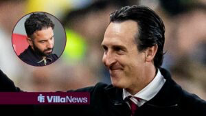 Unai Emery smiling looking towards Ruben Amorim in a circle inset