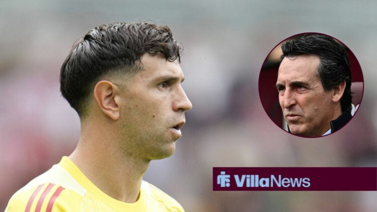 Aston Villa goalkeeper Emi Martinez with Unai Emery inset