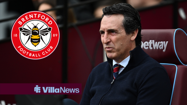 Aston Villa manager Unai Emery, Brentford badge in a circular insert.