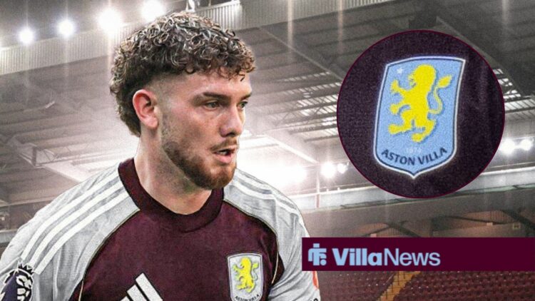 Harvey Elliott in an Aston Villa shirt looking towards an Aston Villa badge in a circle inset