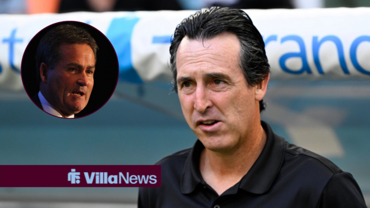 Aston Villa manager Unai Emery, Richard Keys in a circular insert.