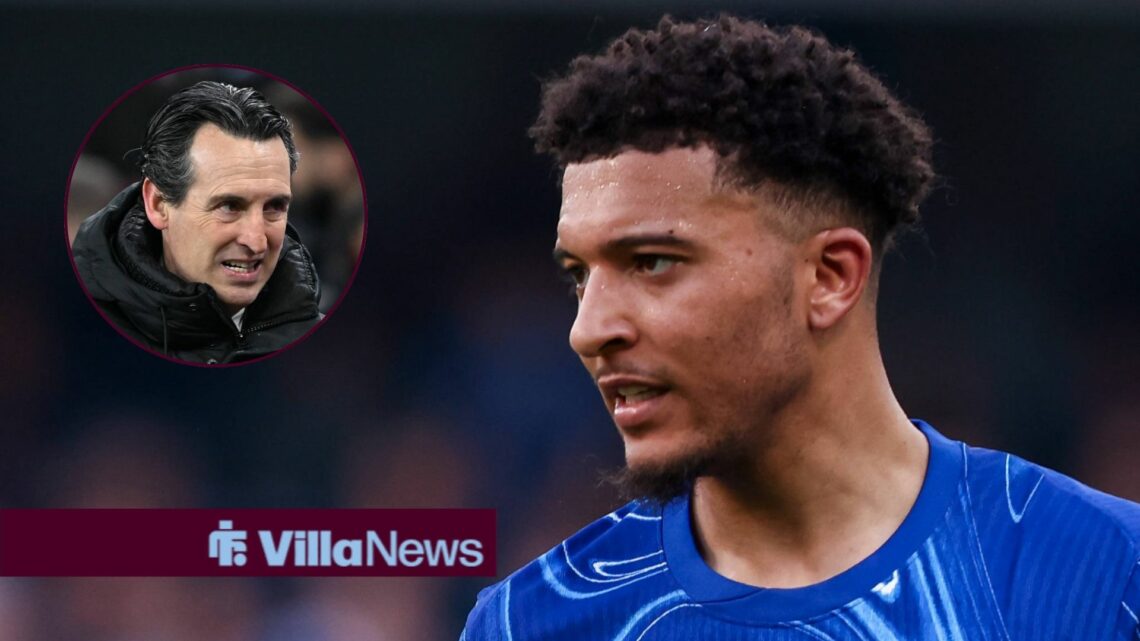 Jadon Sancho looking concerned towards Unai Emery in a circle inset