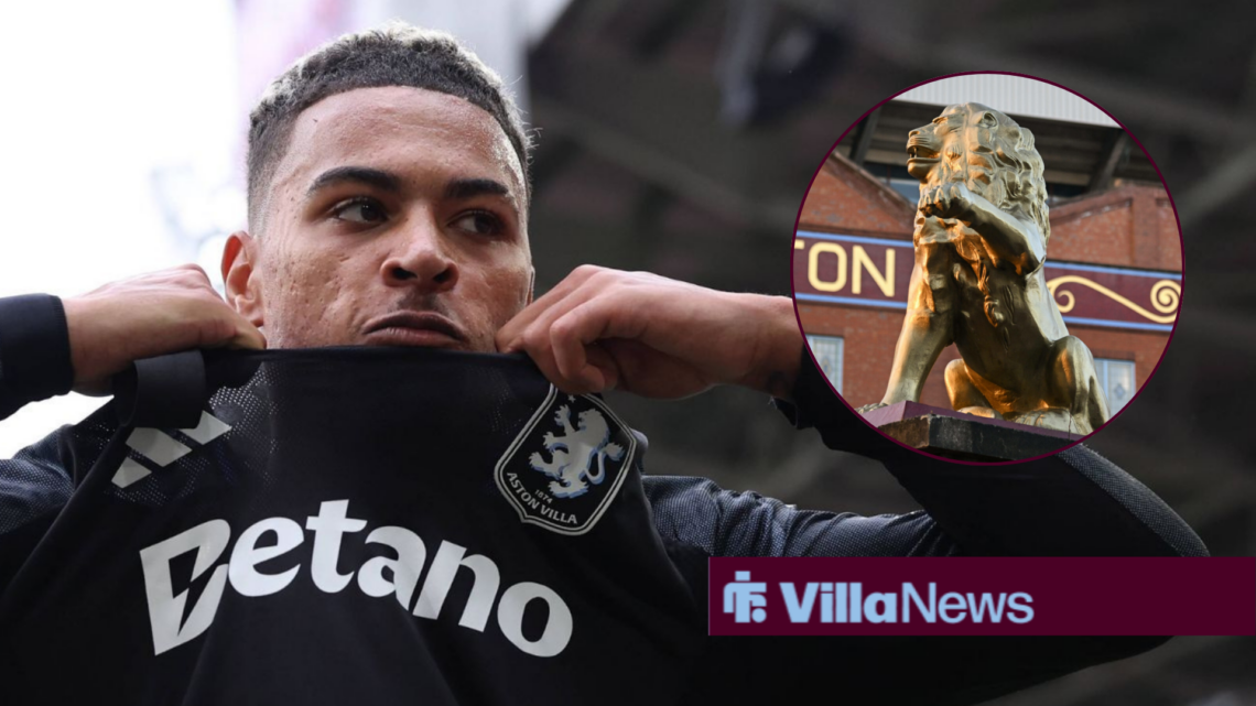Morgan Rogers lifting his Aston Villa shirt up while looking frustrated towards a lion outside Villa Park in a circle inset
