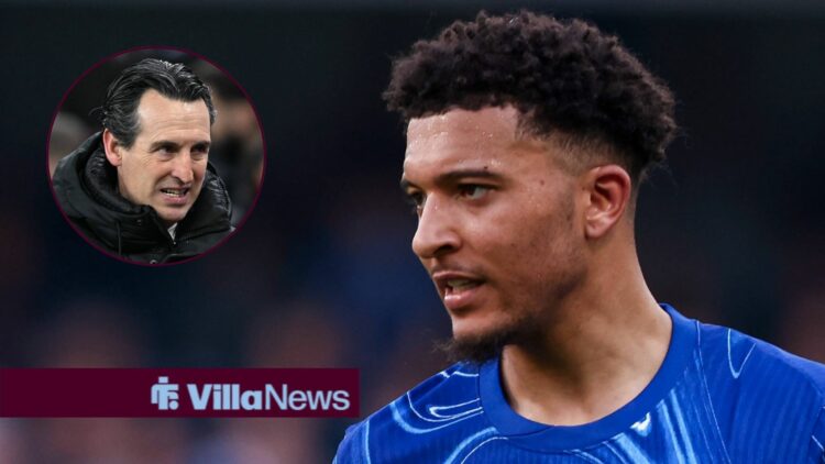 Jadon Sancho looking concerned towards Unai Emery in a circle inset