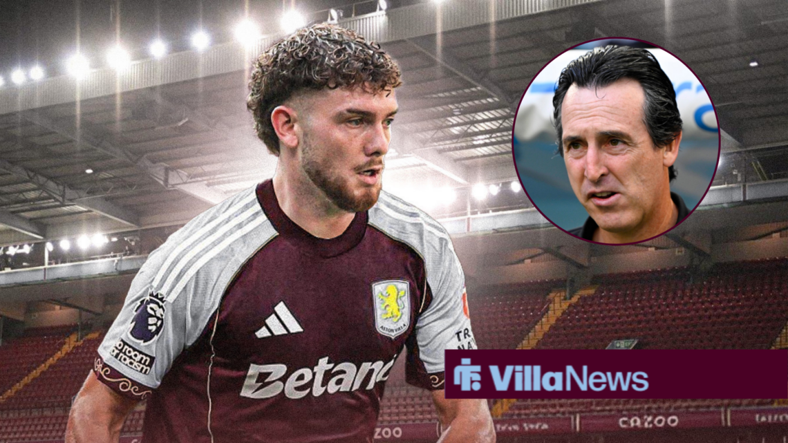Harvey Elliott in Aston Villa's home shirt, Unai Emery in a circular insert.