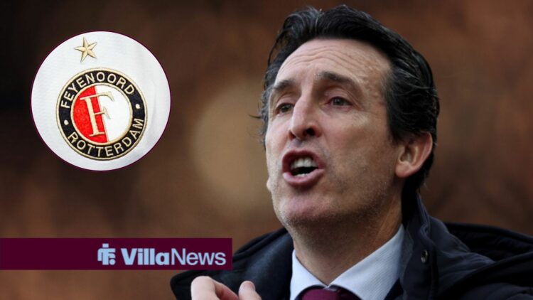 Unai Emery shouting towards a Feyenoord badge in a circle inset